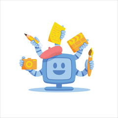 AI (artificial intelligence) personal computer do many task with creativity icon symbol in hands. illustration vector cartoon character design on white background. Medical concept.