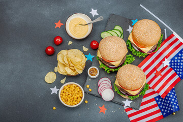 Homemade burgers. An American classic, traditional food for picnic or celebration Independence Day