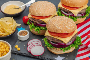 Homemade burgers. An American classic, traditional food for picnic or celebration Independence Day