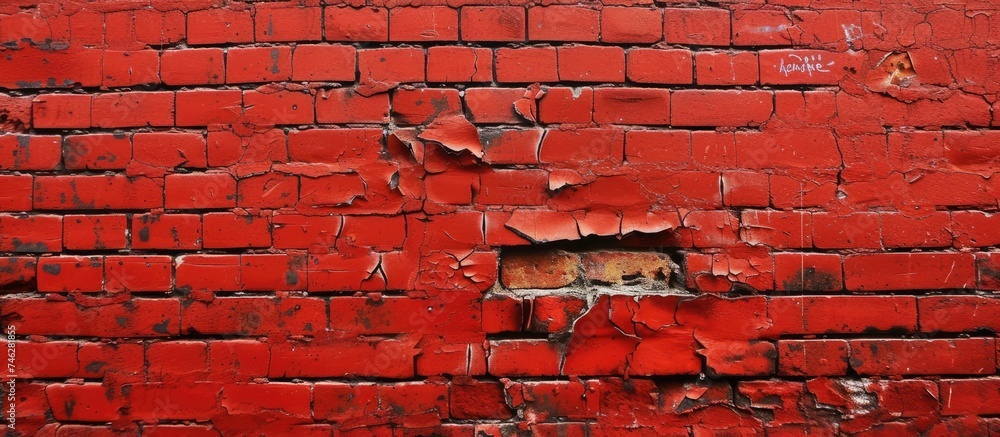 Poster this photo showcases a close-up view of a weathered red brick wall with a visible hole in the center