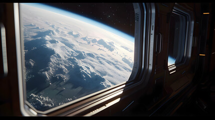 View of planet Earth from a space station window 3D rendering elements of this image