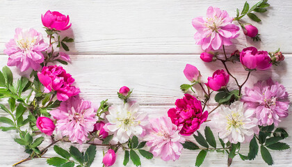 Fototapeta na wymiar Blossoming Tranquility: Pink Flowers on White Wood Background