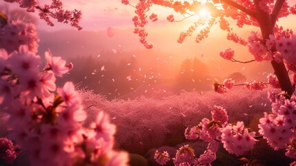 Fototapeta na wymiar The first light of sunrise highlighting a serene landscape of blooming cherry blossoms, creating a dreamlike atmosphere. 
