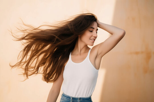 Close up side profile photo beautiful her she lady hands arms together overjoyed weather warm wind breeze hair flight inspired wear casual white tank-top jeans denim isolated pastel beige background