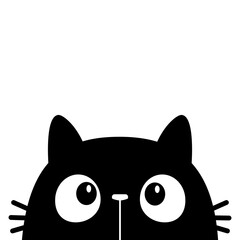 Cat head face silhouette. Black peeking kitten face head. Cute cartoon character. Kawaii funny animal. Baby greeting card. Pet collection. Sticker print. Flat design. White background. Isolated.