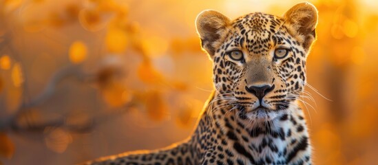 A close-up view of a leopard in Kruger National Park, illuminated by the light, with a blurry background creating depth and focus on the majestic predator. The leopards intricate spots and intense