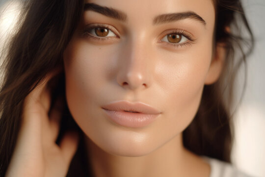Close up studio shot of a beautiful brunette woman with glowing skin. Holding hands near her face