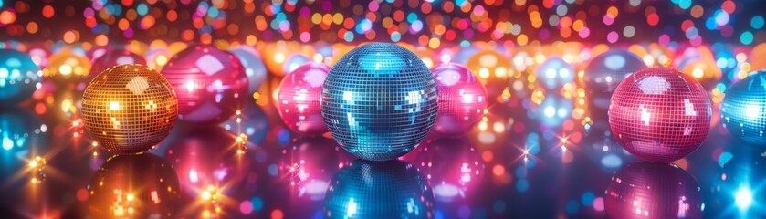 Disco revival, vibrant dance floor with mirror balls, capturing the essence of the 70s with a...