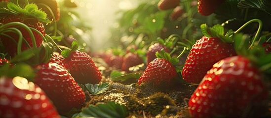 A detailed view of fresh organic strawberries bunched together, showcasing their vibrant red color and plump appearance. Each strawberry has small seeds on its surface and is connected to a green stem - obrazy, fototapety, plakaty