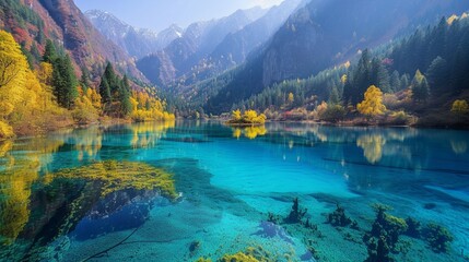 The picturesque beauty of Jiuzhaigou Valley in China, with its multi-colored lakes, snow-capped peaks, and lush forests. 