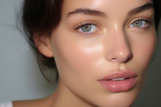 Close up studio shot of a beautiful woman with perfect skin, she touching her face