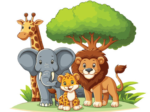 Vector cartoon wildlife elephant, giraffe, lion and small tiger on tree and white background. For World wildlife day. 