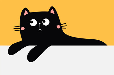 Cat laying on paper banner template. Peeking black kitten. Cute cartoon kawaii funny animal pet character set. Happy Valentines day, Halloween. Flat design. White Yellow background