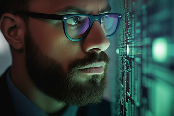 Closeup, code reflection in glasses and man learning cyber security, cloud computing or software update. Male programmer, IT specialist or coder develop system, connect internet or coding information - obrazy, fototapety, plakaty