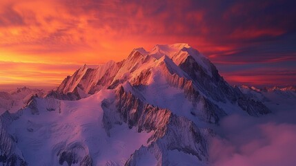 The stunning Mont Blanc, Western Europe's highest peak, during a vibrant alpenglow. The sky is ablaze with colors as the snow-covered summit basks in the warm embrace of the setting sun. - obrazy, fototapety, plakaty