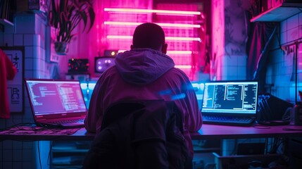 Cyberpunk hacker in neon-lit room, digital warrior, future of rebellion - obrazy, fototapety, plakaty