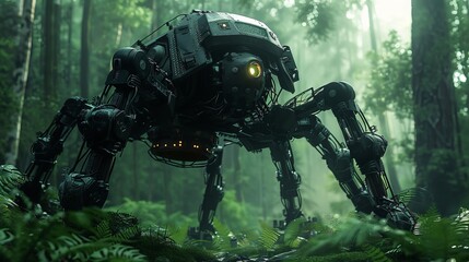 Dark forests intertwining with advanced robotics, a fusion of nature and machine