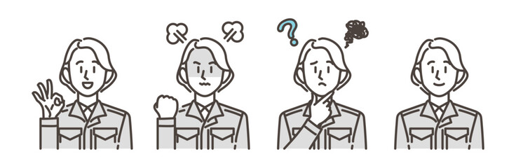 Female Worker Emotions and Poses Set (Vector Illustration Material)