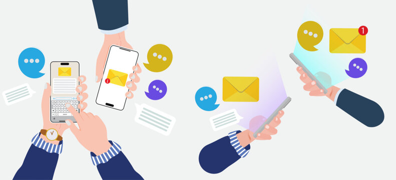 Hands holding smartphone with email, messenger, icons and emoji. Mobile smartphone with mail app concept. Email sender and receiver holding mobile phone. Vector.