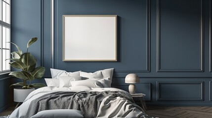 Frame mockup in cozy blue bedroom interior