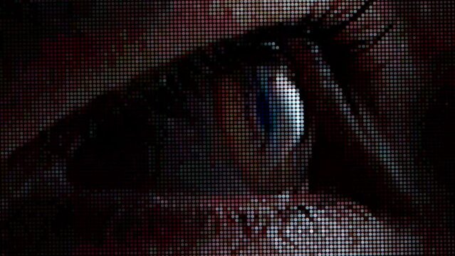 Macro shot of human eye background video. Adult person macro of open eye footage looking directly at camera from digital pixel screen.