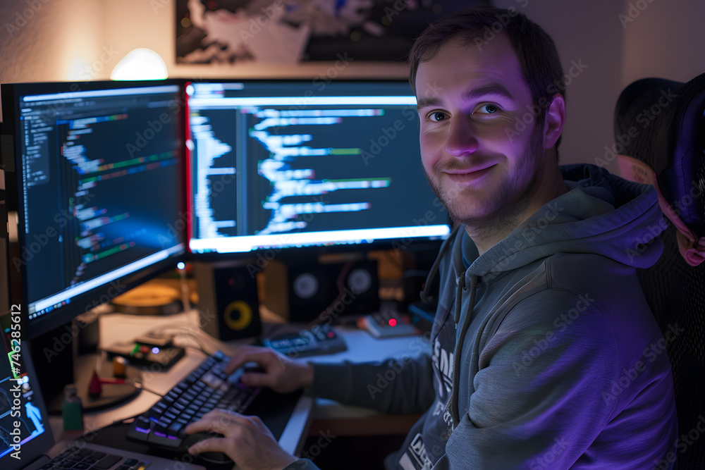 Poster programmer looking at monitors