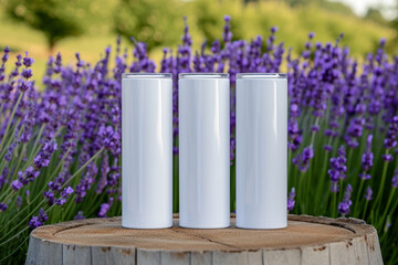 Close-up of Three white color 20oz Straight Skinny Tumbler includes lid  with a blurred or bokeh background of Lavender fields, Tumbler Mockup