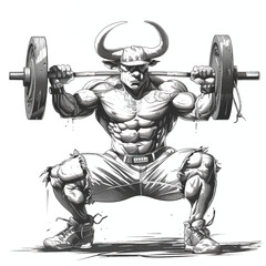 Fototapeta na wymiar Muscular bull man bodybuilder holding a large barbell with big weights