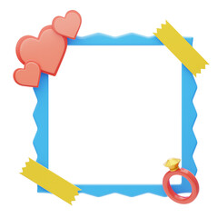 3D Polaroid  With Hearts And Ring Model. 3d illustration, 3d element, 3d rendering. 3d visualization isolated on a transparent background