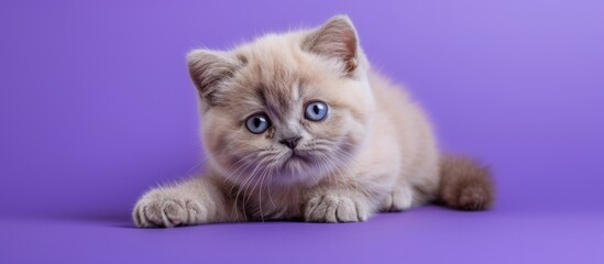 Adorable small kitten with striking blue eyes lying peacefully on a soft purple surface