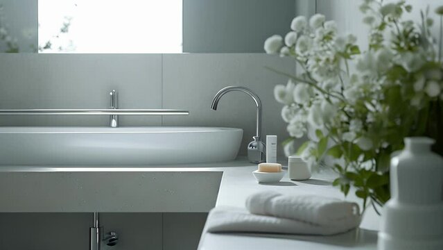A minimalist bathroom with a monochromatic color scheme and a floating shelf vanity highlighting a chrome grab bar next to the for added peace of mind.