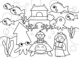 可愛い浦島太郎の塗り絵