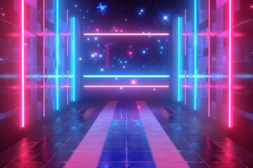 Empty futuristic show scene background with neon lights in the dark