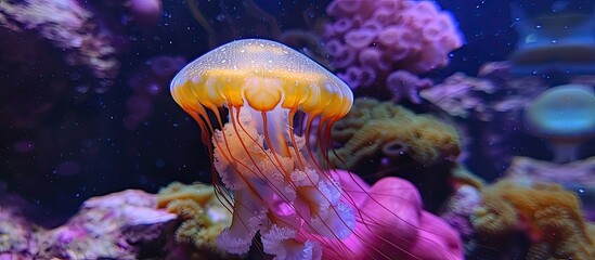 A stunning Chrysaora Pacifica jellyfish gracefully swims amidst colorful corals in a bustling Berlin aquarium. The jellyfishs translucence contrasts beautifully with the vibrant coral reef.
