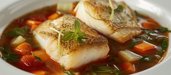 A white bowl filled with a delicious and hearty fish soup, featuring flavorful cod pieces and a variety of nutrient-rich vegetables such as carrots, broccoli, and bell peppers.