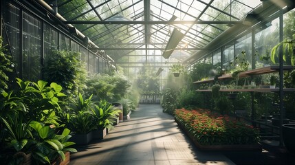 A modern greenhouse with glass walls and ceilings, filled with rows of thriving plants, herbs, and flowers, bathed in natural sunlight.
