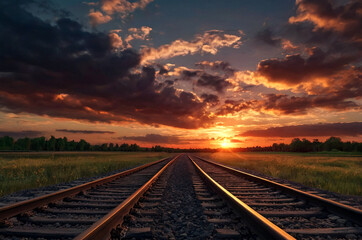 Dramatic sky over railroad tracks at sunset. Railroad stretching into the horizon under a stunning sunset sky with contrasting clouds