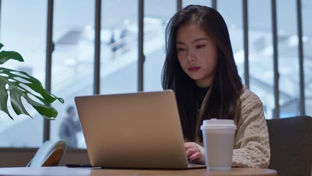 Concentrated young Asian woman works on laptop in cafe.