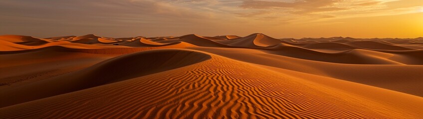 : An expansive golden desert at sunset, with dunes casting long shadows under the warm hues of the sky.