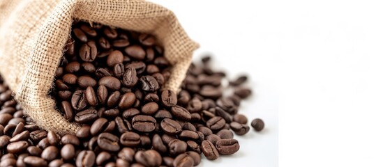 Rich and aromatic coffee beans in a burlap sack, perfect for a morning brew - obrazy, fototapety, plakaty