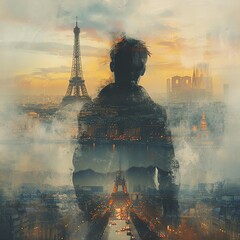 Man's Silhouette Blended with Parisian Landscape - obrazy, fototapety, plakaty