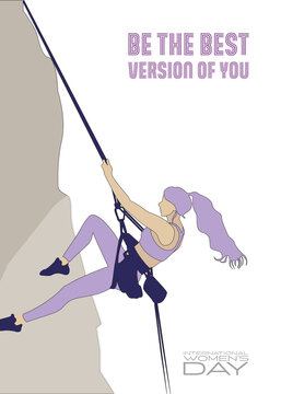 "be the best version of you" text for 8th March İnternational Women's day poster with silhouette of woman climbing mountain