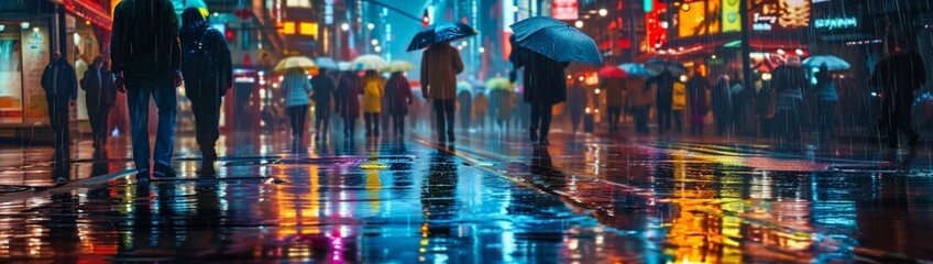 : A bustling city street during a rainy night, with colorful reflections on the wet pavement. - obrazy, fototapety, plakaty