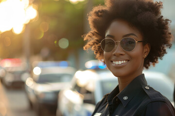 Afro woman wearing police officer uniform, patrol car background