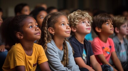 Children sitting in classroom listening to teacher. Kids sitting on floor and listening carefully.