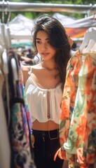 Young attractive woman shopping for cloths. Young model shopping. Girl looking for cloths.