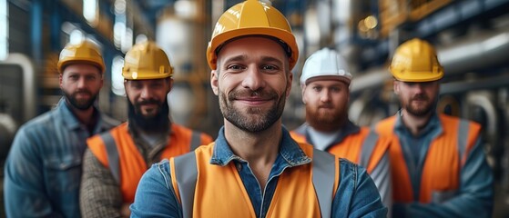 Fototapeta premium Industrial workers in safety gear at factory. Wide-angle of construction workers smiling for camera.