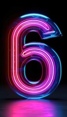 Neon number six on dark background. Glowing neon sign number six with copy space. Bright neon sign.