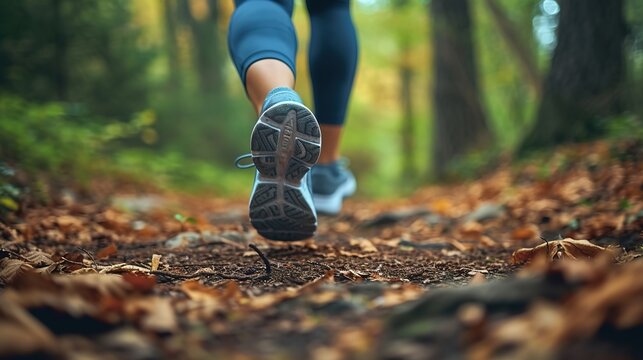 Back view of female legs jogging in forest. Healthy active woman running on a trail. Runner in shoes