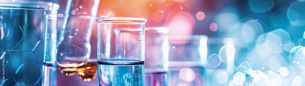 Poster : a captivating banner design that combines laboratory glassware and a scientist working with liquid
